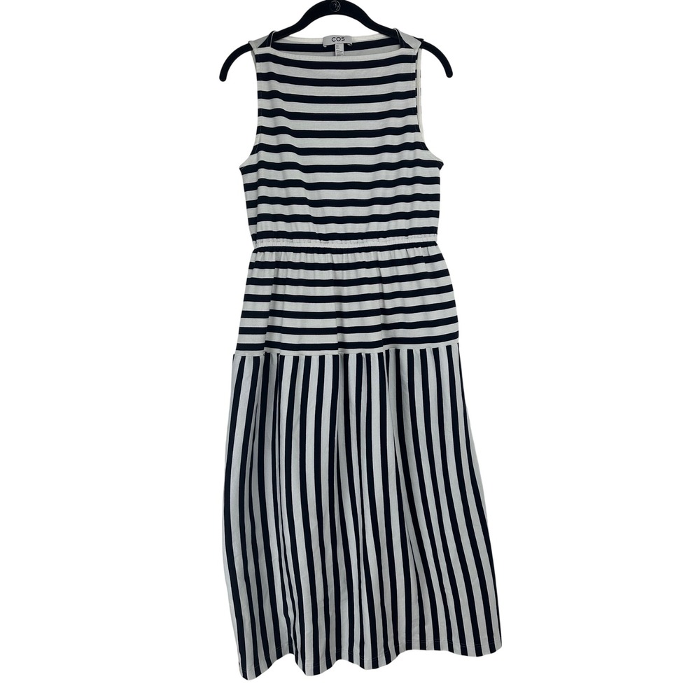 COS Striped Midi Dress Navy White Coastal Nautical Boat Neck Small